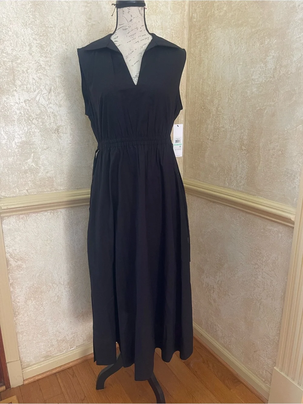 NWT Calvin Klein Black Cotton Midi Shirt Dress Size 8 Open Back Poplin Utility - Picture 2 of 13
